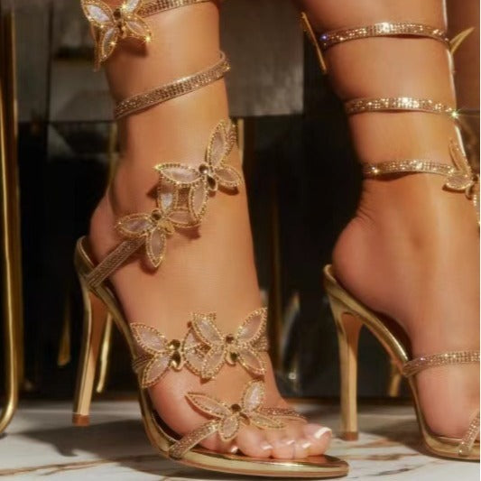 "Rhinestone Butterfly Stiletto Sandals"