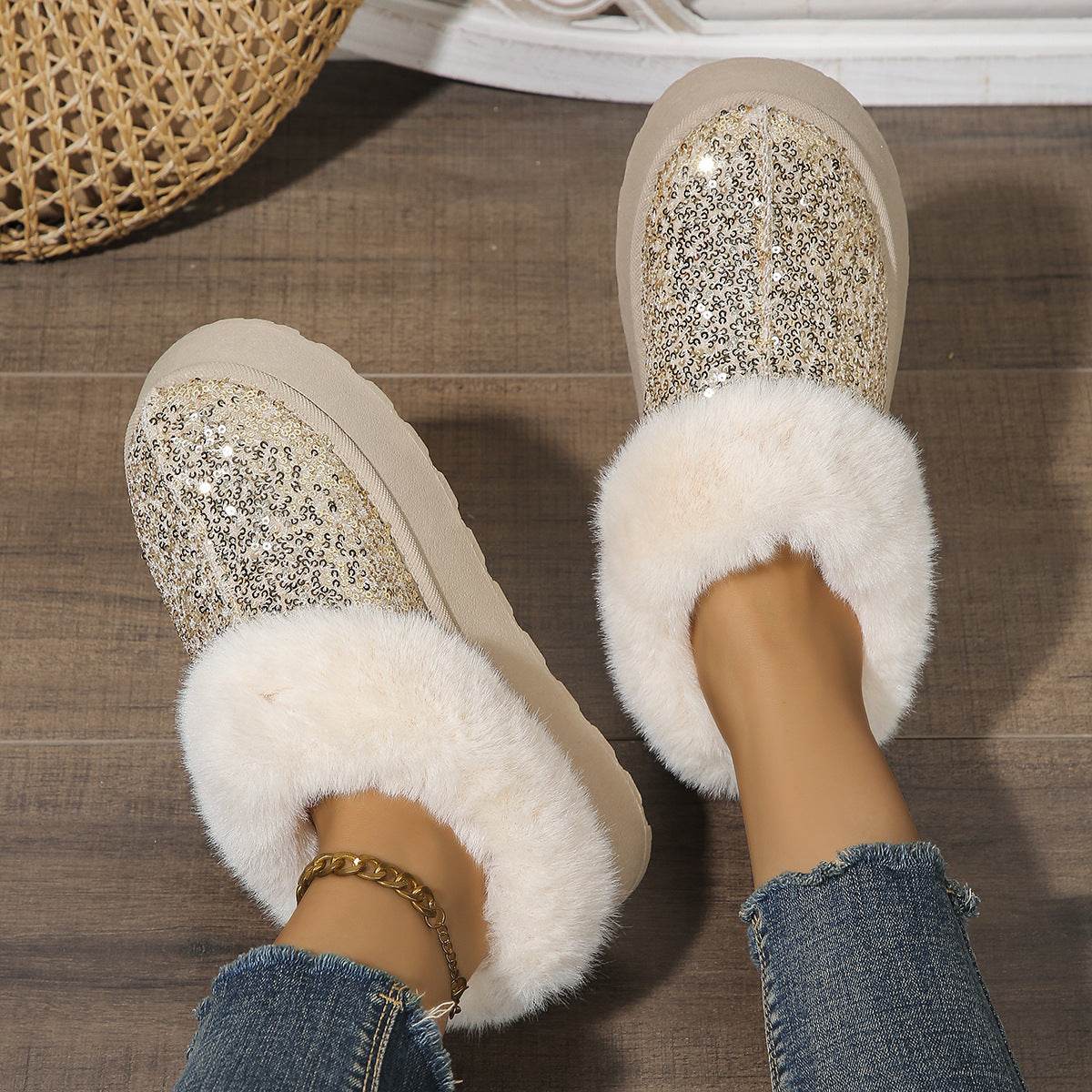 Fashion Sequined Thick-soled Plush Shoes Winter Indoor And Outdoor Casual Warm Slippers Women Garden House Shoes - terrifictrend