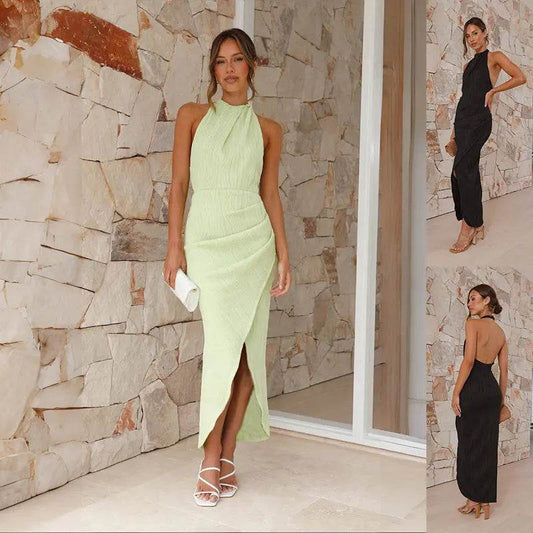 Ins Halter Split Long Dress Summer Slim Fit Backless Dresses Solid High-end Women's Clothing - terrifictrend