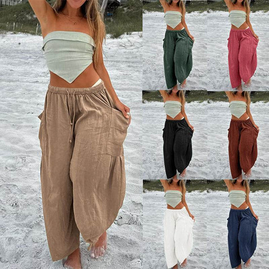 Fashion Wide Leg Pants Summer Loose Elastic High Waist Pleated Trousers Solid Color Womens Clothing - terrifictrend