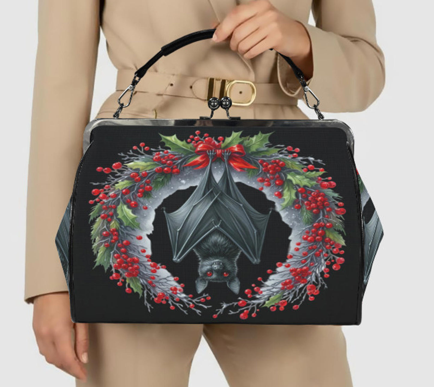 Gothic Christmas Bat Wreath Hand Shoulder Cross Body Bag Satchel 9 x 13 Gift Kisslock