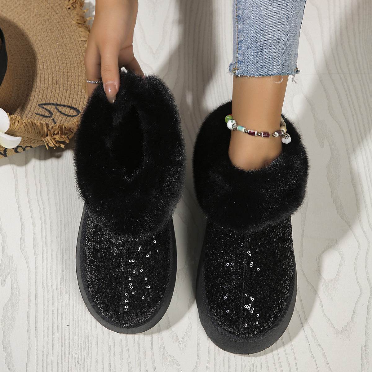 Fashion Sequined Thick-soled Plush Shoes Winter Indoor And Outdoor Casual Warm Slippers Women Garden House Shoes - terrifictrend