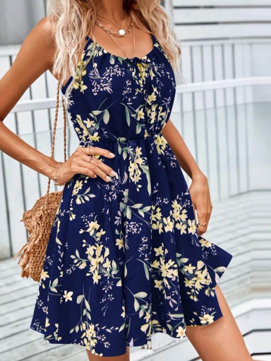 Floral Print Suspender Dress With Elastic Waist Design Fashion Summer Short Dresses Womens Clothing - terrifictrend