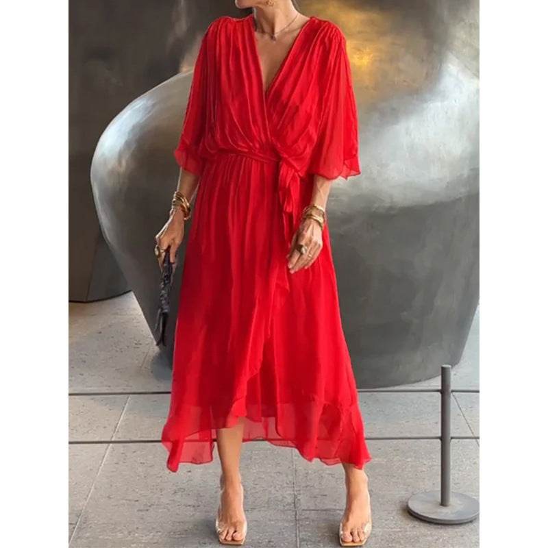 Batwing Sleeve V-neck Dress Summer Pure Color Tied Irregular Long Dresses Womens Clothing - terrifictrend
