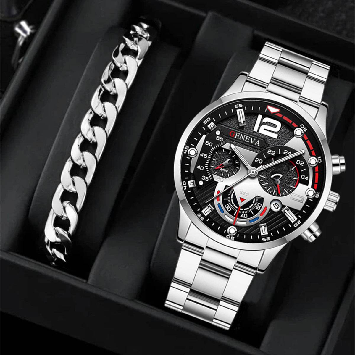 2pcs Men's New Popular Steel Strip Fashion Business Three Eye Quartz Watch Bracelet Set Valentine's Day Gifts - terrifictrend