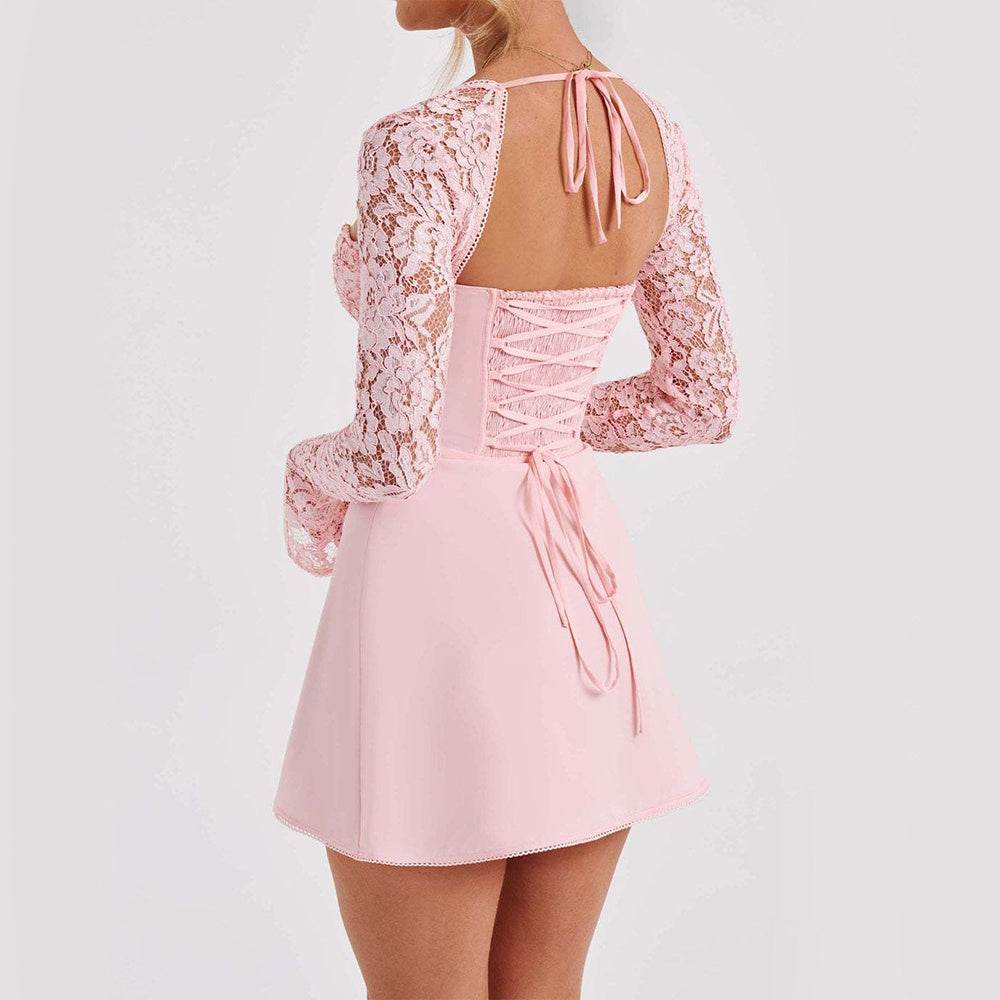 Y2K Lace Long Sleeve Dress Fashion Sexy Corset Backless Lace Up Short Dresses Womens Clothing