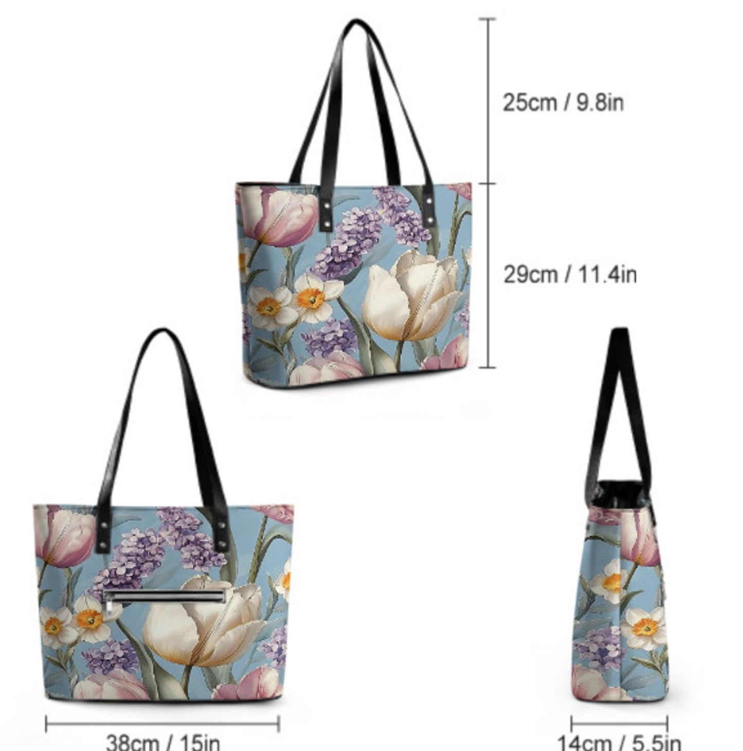 Custom Tote Hand Shoulder Bag 12 X 15 Spring Flowers Tulips Lavender Pink Blue Terrifictrend