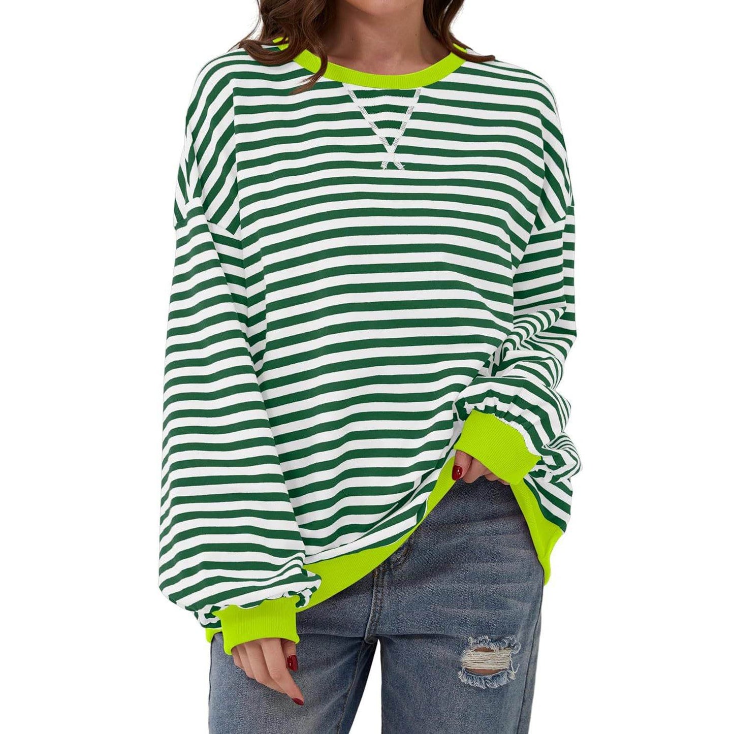 Loose Striped Long Sleeve T-shirt Casual Pullover Sweater For Womens Clothing - terrifictrend