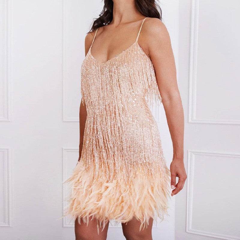 Sexy Tassel Sequins Feather Summer Mini Dress Women V Neck Spaghetti Strap Stitching Dresses Female Elegant Evening Party Club Dress - terrifictrend