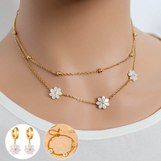 Fashion Jewelry Stainless Steel Flower DaisyFlower Necklace Double Layering Necklace Earrings Jeweley Set - terrifictrend