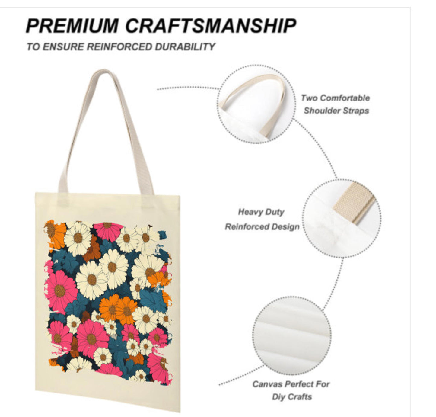 Vintage Retro Pink Blue White Flowers Reusable Tote Bag Print on 2 Sides 14 x 18 Terrifictrend