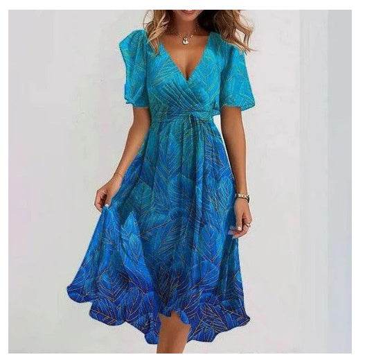 Chiffon Printed Short Sleeve Dress Summer Elegant V-neck Dresses Womens Clothing - terrifictrend