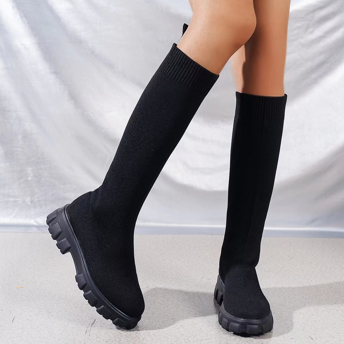 Fashion Knitted Boots Women's Flyweaving Breathable Thick-soled Skinny Boots Winter Fall Shoes Cj