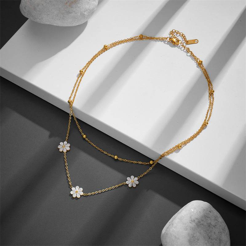 Fashion Jewelry Stainless Steel Flower DaisyFlower Necklace Double Layering Necklace Earrings Jeweley Set - terrifictrend