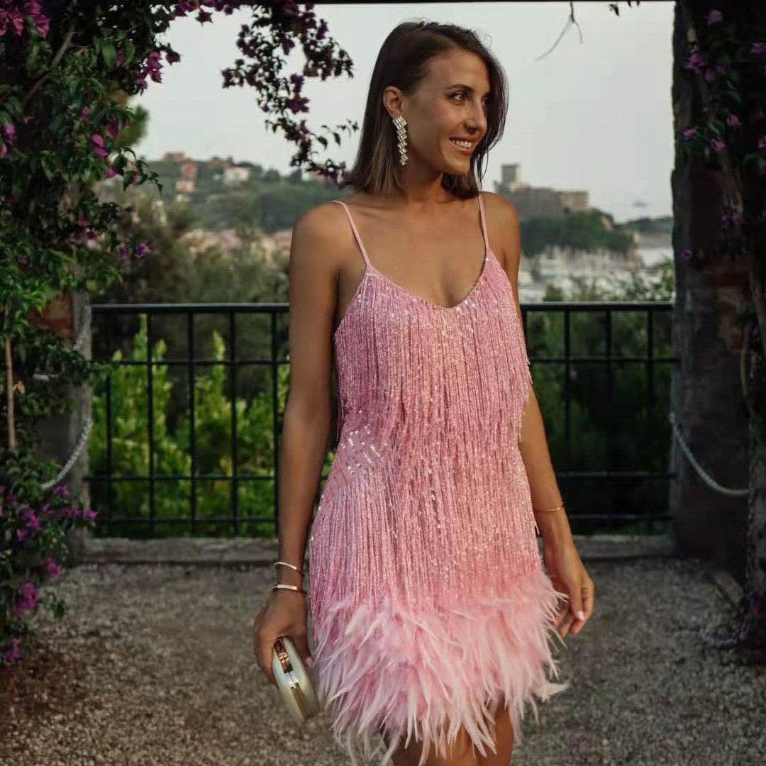 Sexy Tassel Sequins Feather Summer Mini Dress Women V Neck Spaghetti Strap Stitching Dresses Female Elegant Evening Party Club Dress - terrifictrend
