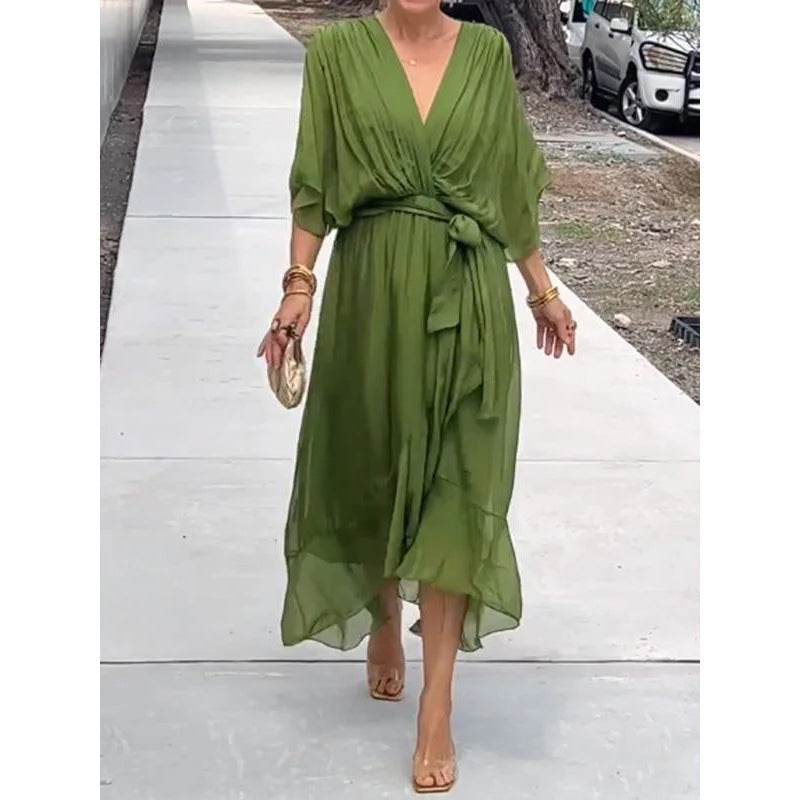 Batwing Sleeve V-neck Dress Summer Pure Color Tied Irregular Long Dresses Womens Clothing - terrifictrend