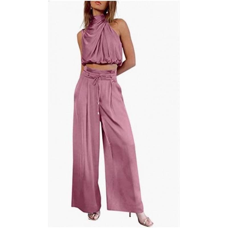Summer Suits Casual Sleeveless Midriff-baring Top And Wide Leg Pants 2pcs Set Womens Clothing - terrifictrend