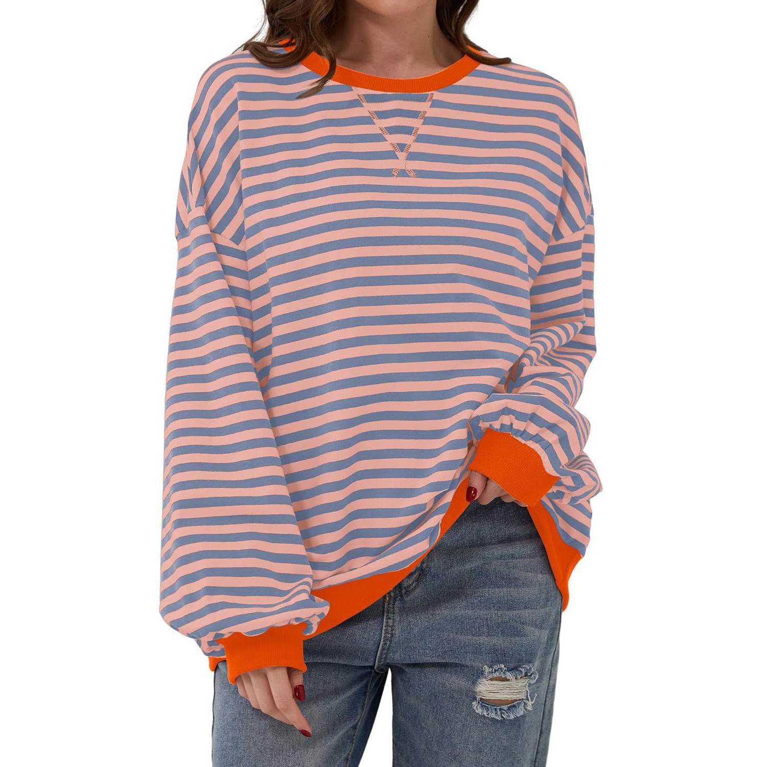 Loose Striped Long Sleeve T-shirt Casual Pullover Sweater For Womens Clothing - terrifictrend