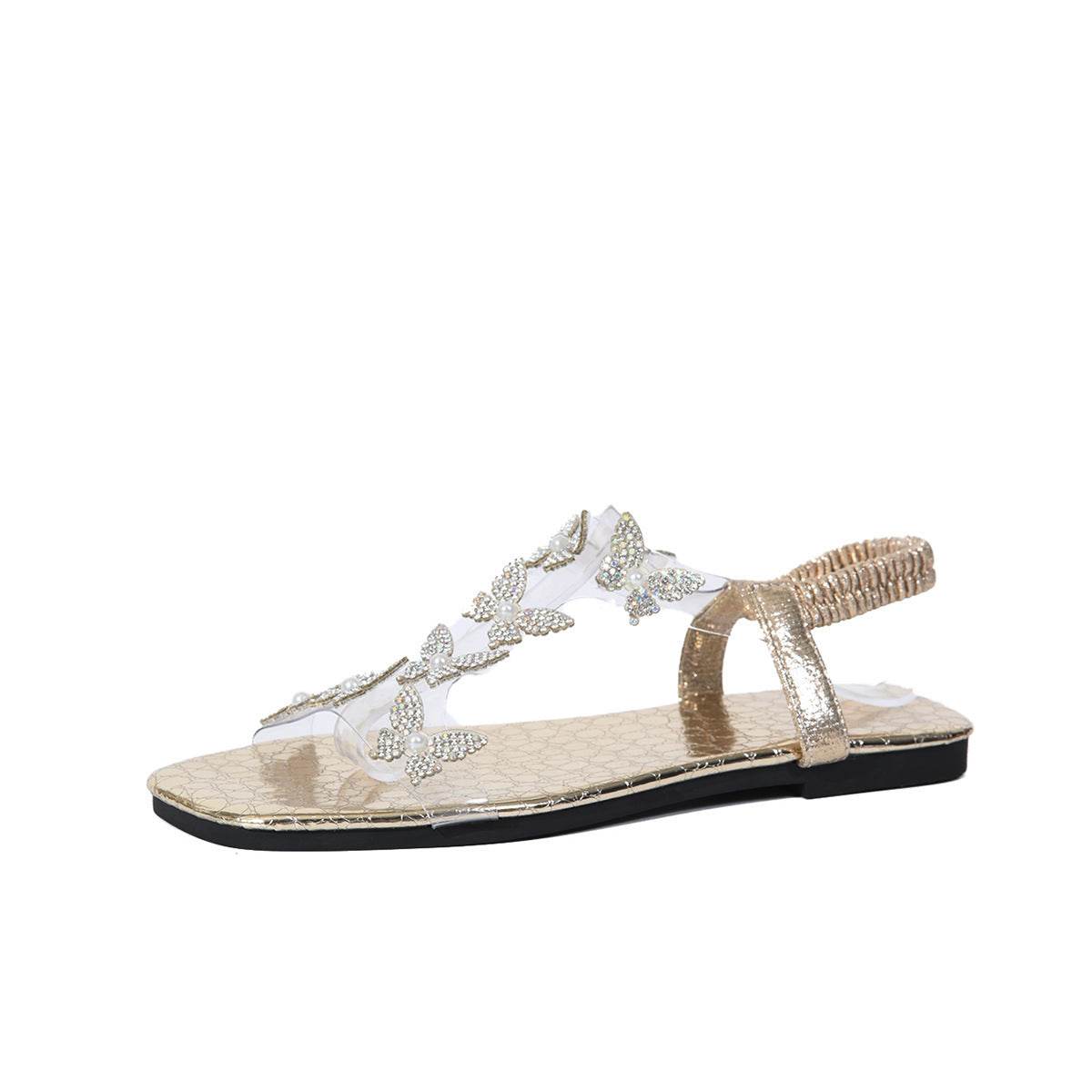 New Butterfly Rhinestone Sandals Summer Square Toe Flat Shoes For Women - terrifictrend
