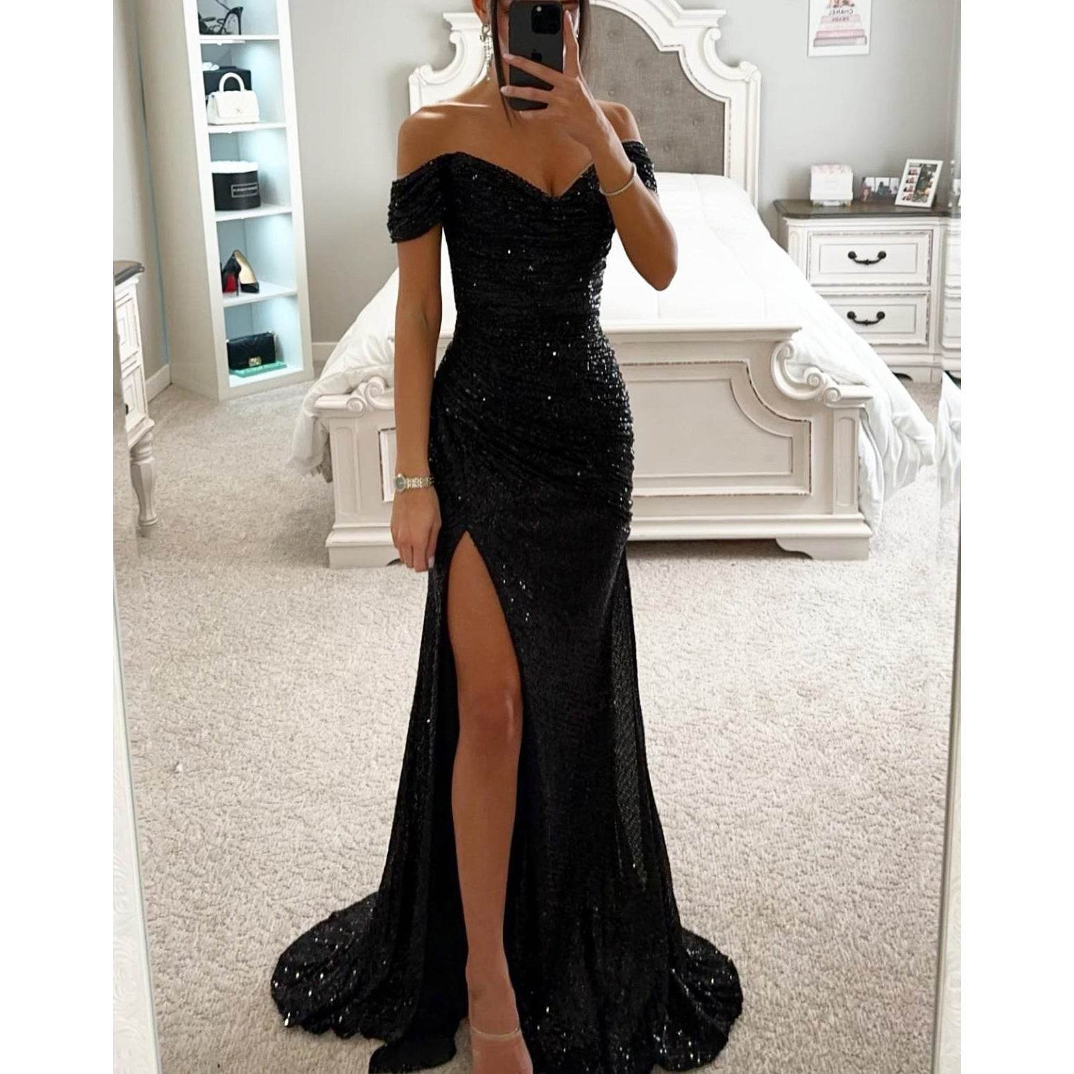 Party Sequins Off-neck Split Dress INS Casual Fashion Dress Women - terrifictrend