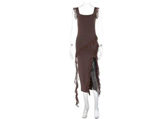 Ruffle Thigh High Split Dress Women Sexy Spaghetti Strap Square Neck Backless Suspender Dresses For Evening Praty Clothing - terrifictrend