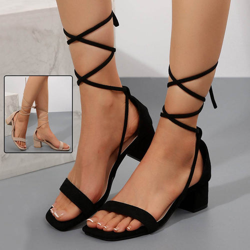 Summer Lace-up Sandals Fashion Square Toe Chunky Heel Shoes For Women - terrifictrend