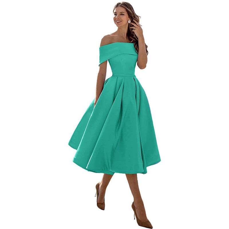 Women's Fashion Casual Strapless Satin Party Dress Off The Shoulder Tea Length Satin Prom Dresses With Pockts Formal Evening Party Dress - terrifictrend