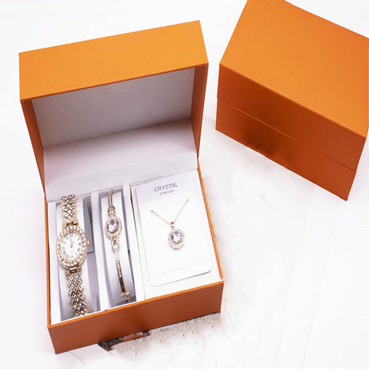3-piece Rhinestone Watch Set With Bracelet And Necklace - terrifictrend