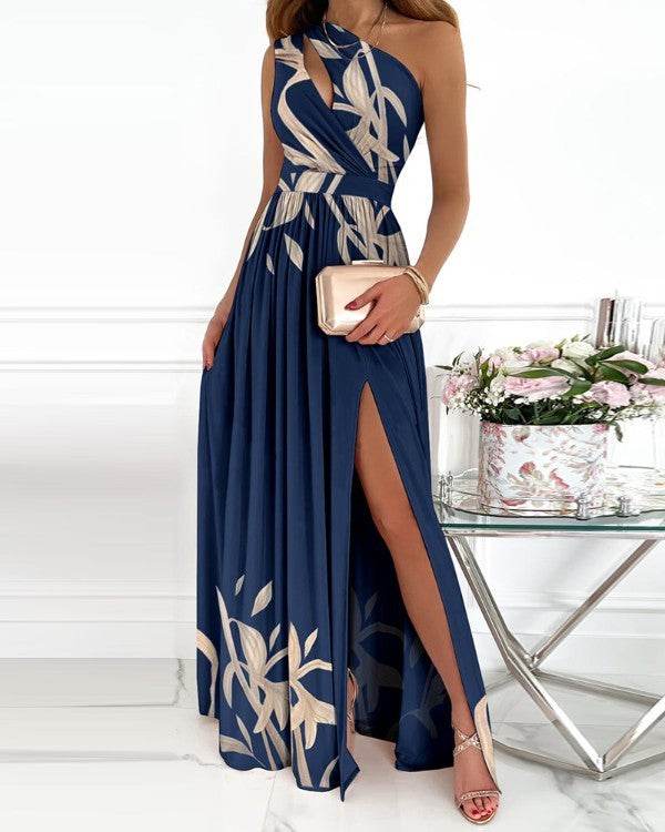 Rose Print Split Dress Summer Fashion One-shoulder Long Dress Womens Clothing - terrifictrend