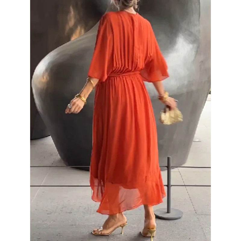 Batwing Sleeve V-neck Dress Summer Pure Color Tied Irregular Long Dresses Womens Clothing - terrifictrend