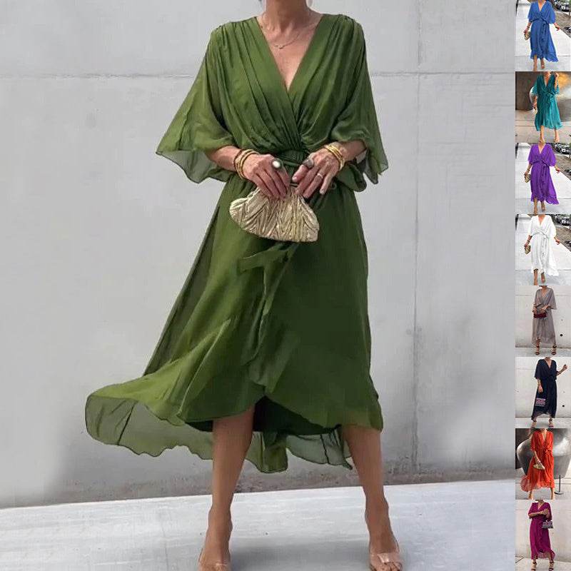Batwing Sleeve V-neck Dress Summer Pure Color Tied Irregular Long Dresses Womens Clothing - terrifictrend