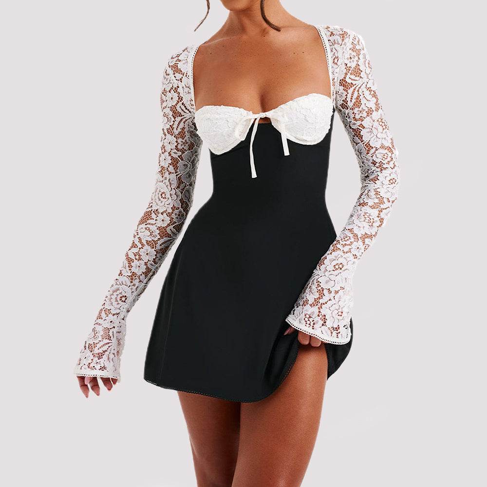 Y2K Lace Long Sleeve Dress Fashion Sexy Corset Backless Lace Up Short Dresses Womens Clothing