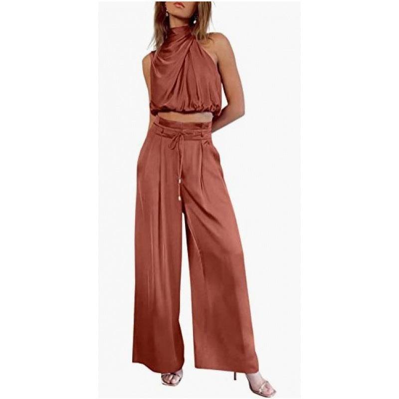 Summer Suits Casual Sleeveless Midriff-baring Top And Wide Leg Pants 2pcs Set Womens Clothing - terrifictrend