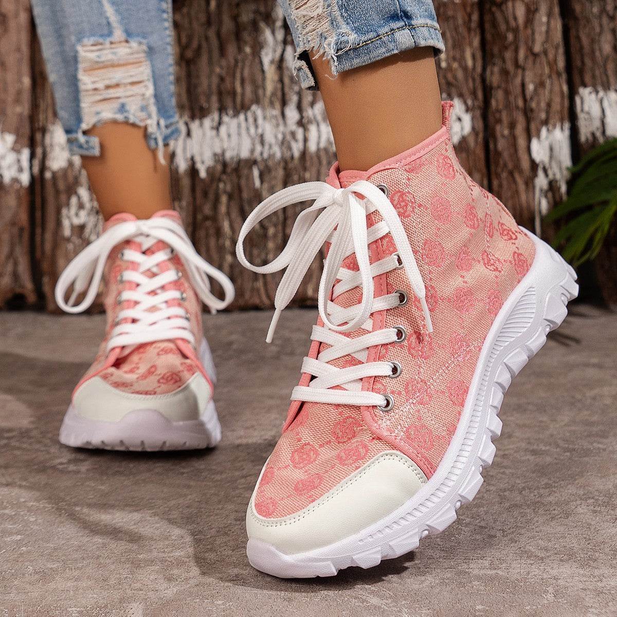 Rose-printed Lace-up Boots Fashion Breathable Canvas Shoes Sports Casual Non-slip Thick-soled Short Boot For Women - terrifictrend