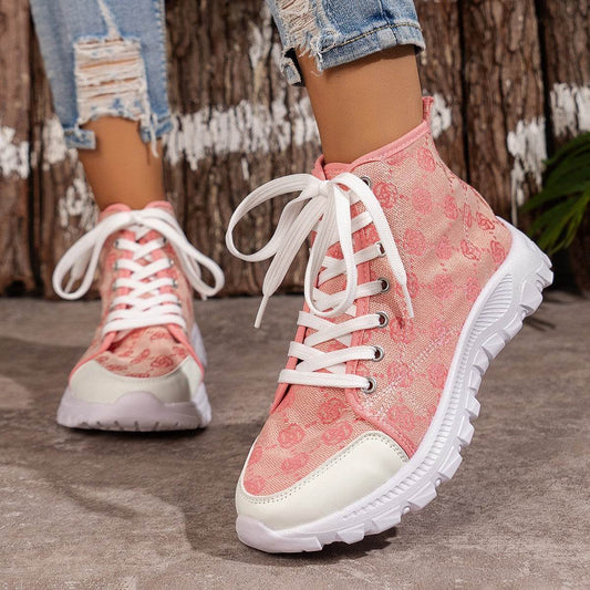 Rose-printed Lace-up Boots Fashion Breathable Canvas Shoes Sports Casual Non-slip Thick-soled Short Boot For Women - terrifictrend