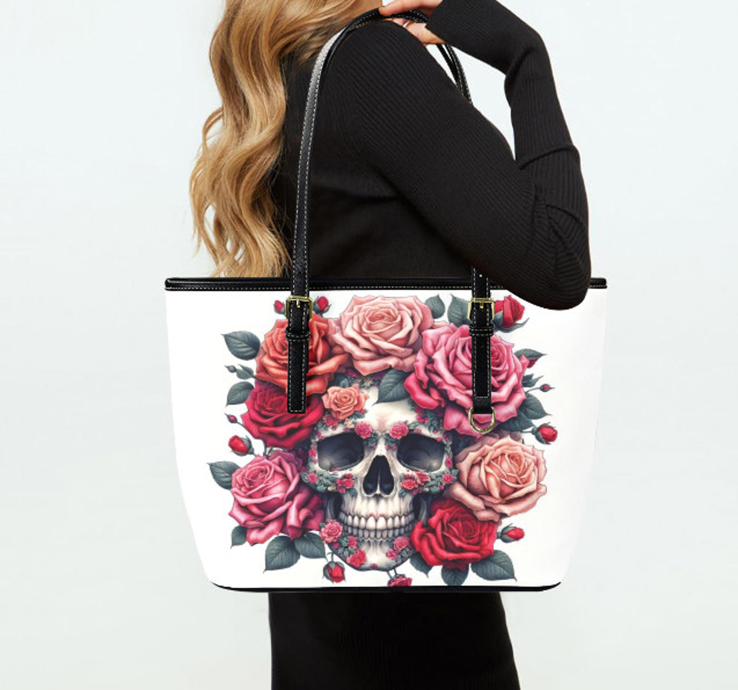 Custom Tote Hand Shoulder Bag 12 X 15 Happy Mothers Day Gothic Skull Red Roses Terrifictrend