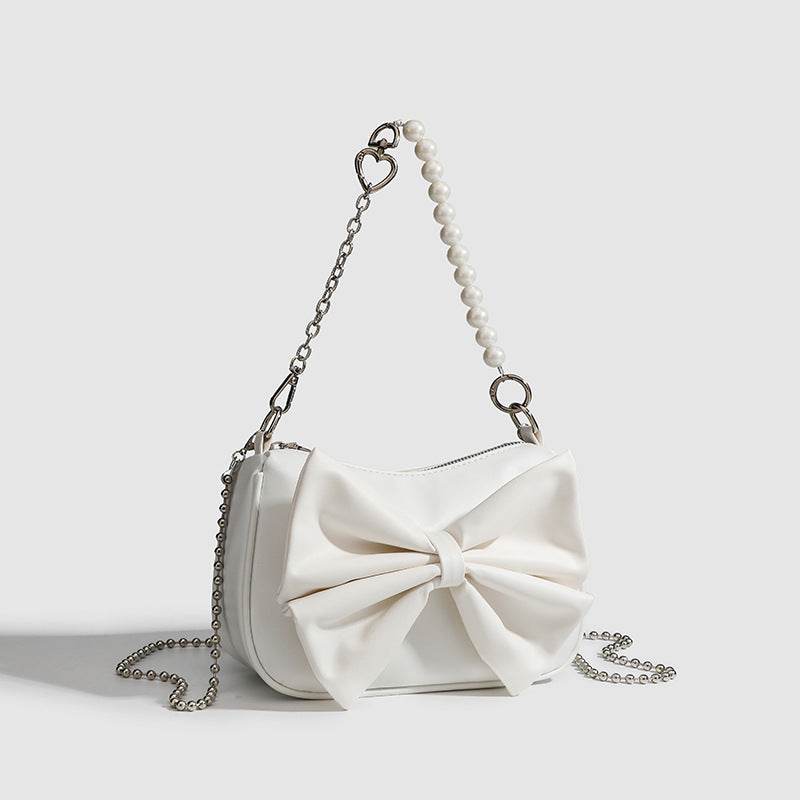 Black White PU Bow Handbags Autumn Winter Ladies Underarm Tote Bags Fashion Simple Pearl Chain Shoulder Bag Small Purse - terrifictrend
