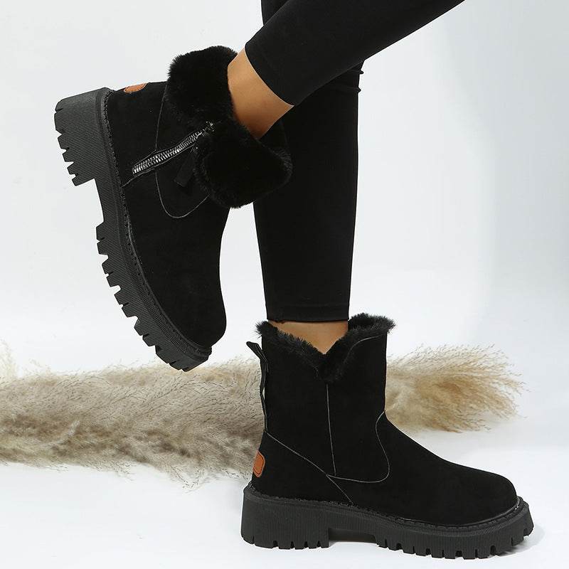 Women's Snow Boots Winter Warm Foldable Plush Tube Short Boot Solid Color Round-toe Platform Shoes - terrifictrend