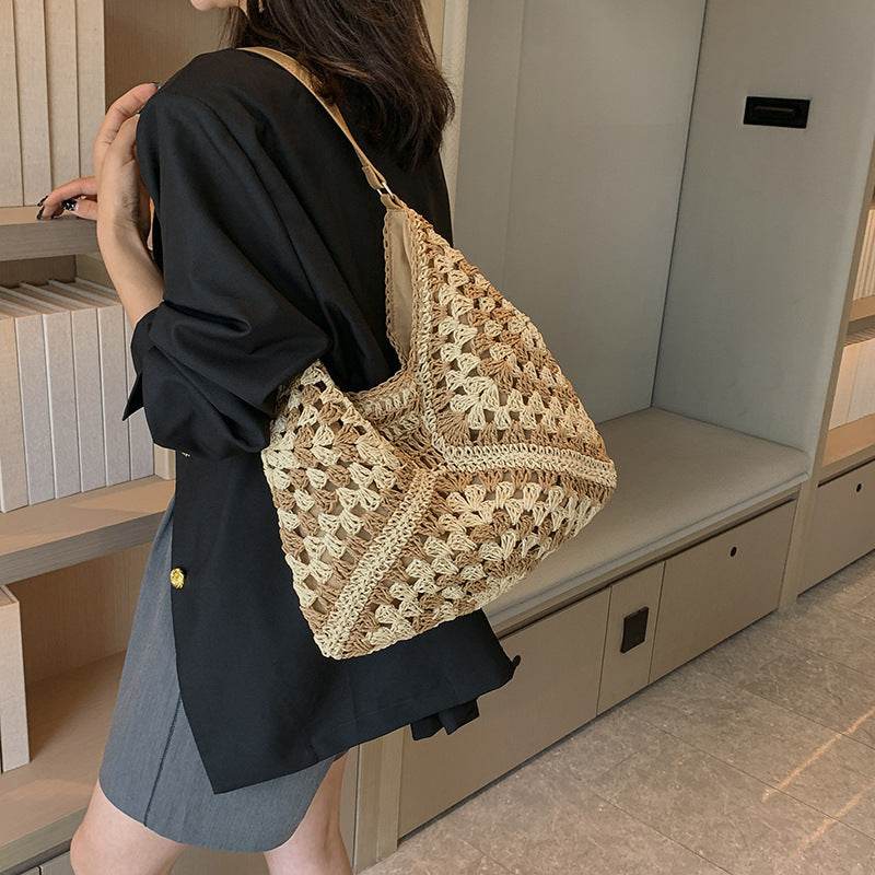 Women's Fashion Handmade Straw Woven Hollow Contrast Color Weave Shoulder Bag - terrifictrend