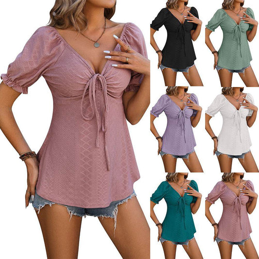 V-neck Drawstring Design Short-sleeved Top Summer Solid Color T-shirt Womens Clothing - terrifictrend
