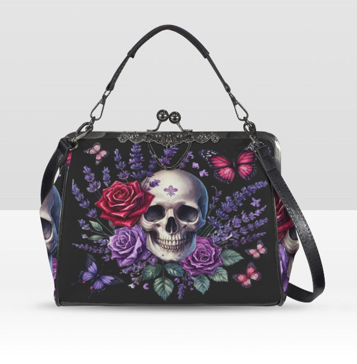 Victorian Gothic Skull Roses Spring Colors Shoulder Cross Body Bag Satchel Kisslock