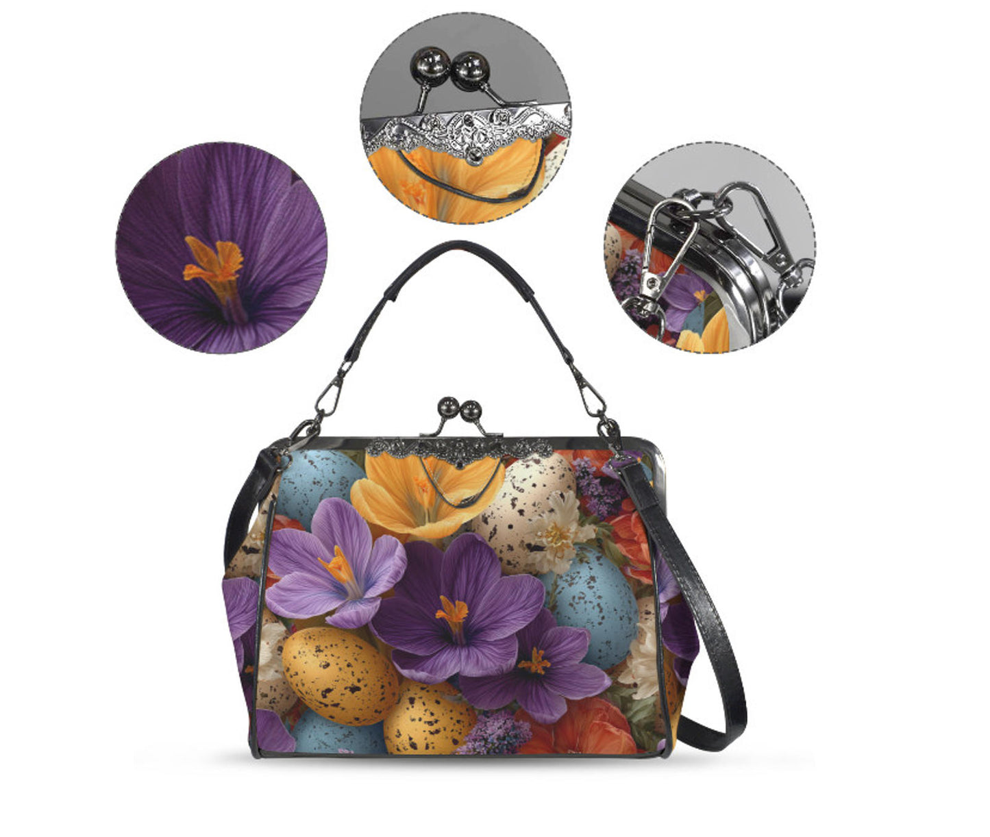 Elegant Floral Easter Egg Spring Art Design  Shoulder Cross Body Bag Satchel Kisslock