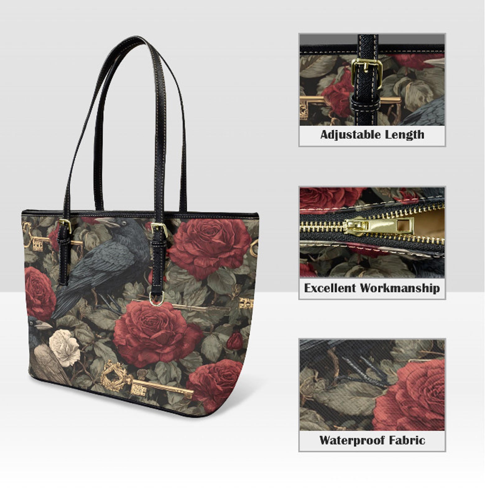 Custom Tote Hand Shoulder Bag 12 X 15 Gothic Victorian Crow Burgundy Roses NEW Terrifictrend
