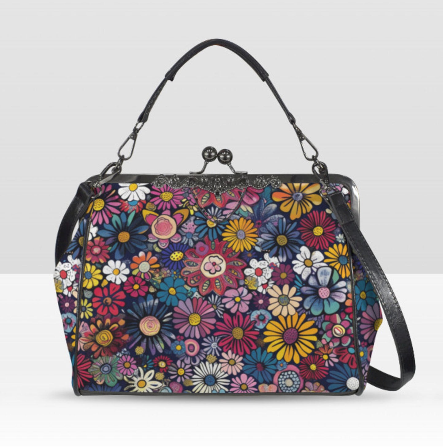 Whimsical Flower Art Spring Mother's Day Shoulder Cross Body Bag Satchel NEW Kisslock