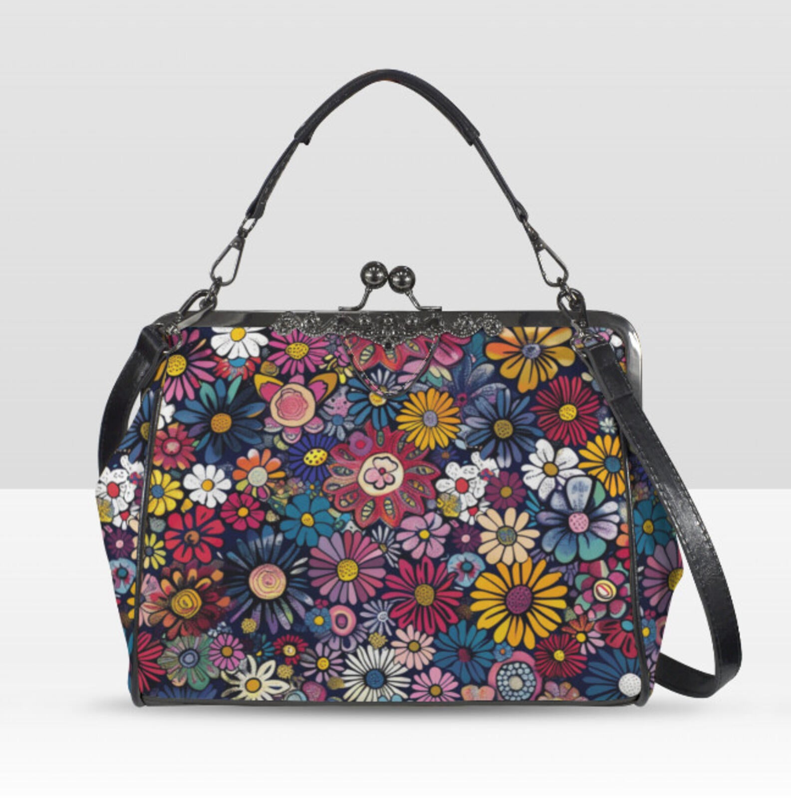 Whimsical Flower Art Spring Mother's Day Shoulder Cross Body Bag Satchel NEW Kisslock