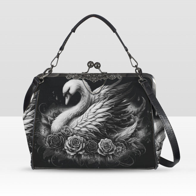 Dark Victorian Gothic White Swan Roses Shoulder Cross Body Bag Satchel Kisslock