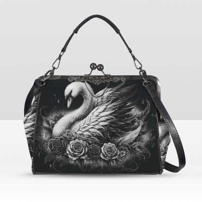 Dark Victorian Gothic White Swan Roses Shoulder Cross Body Bag Satchel Kisslock