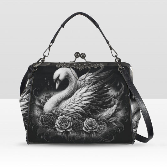 Dark Victorian Gothic White Swan Roses Shoulder Cross Body Bag Satchel Kisslock