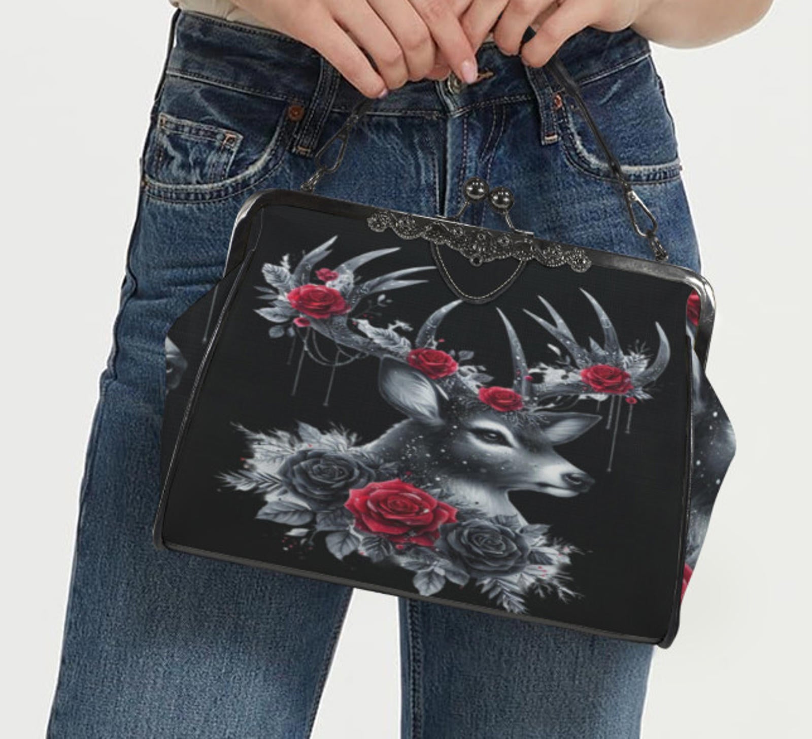Gothic Victorian Deer Red Black Roses  Holiday Shoulder Cross Body Bag Satchel Kisslock