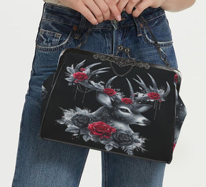 Gothic Victorian Deer Red Black Roses  Holiday Shoulder Cross Body Bag Satchel Kisslock